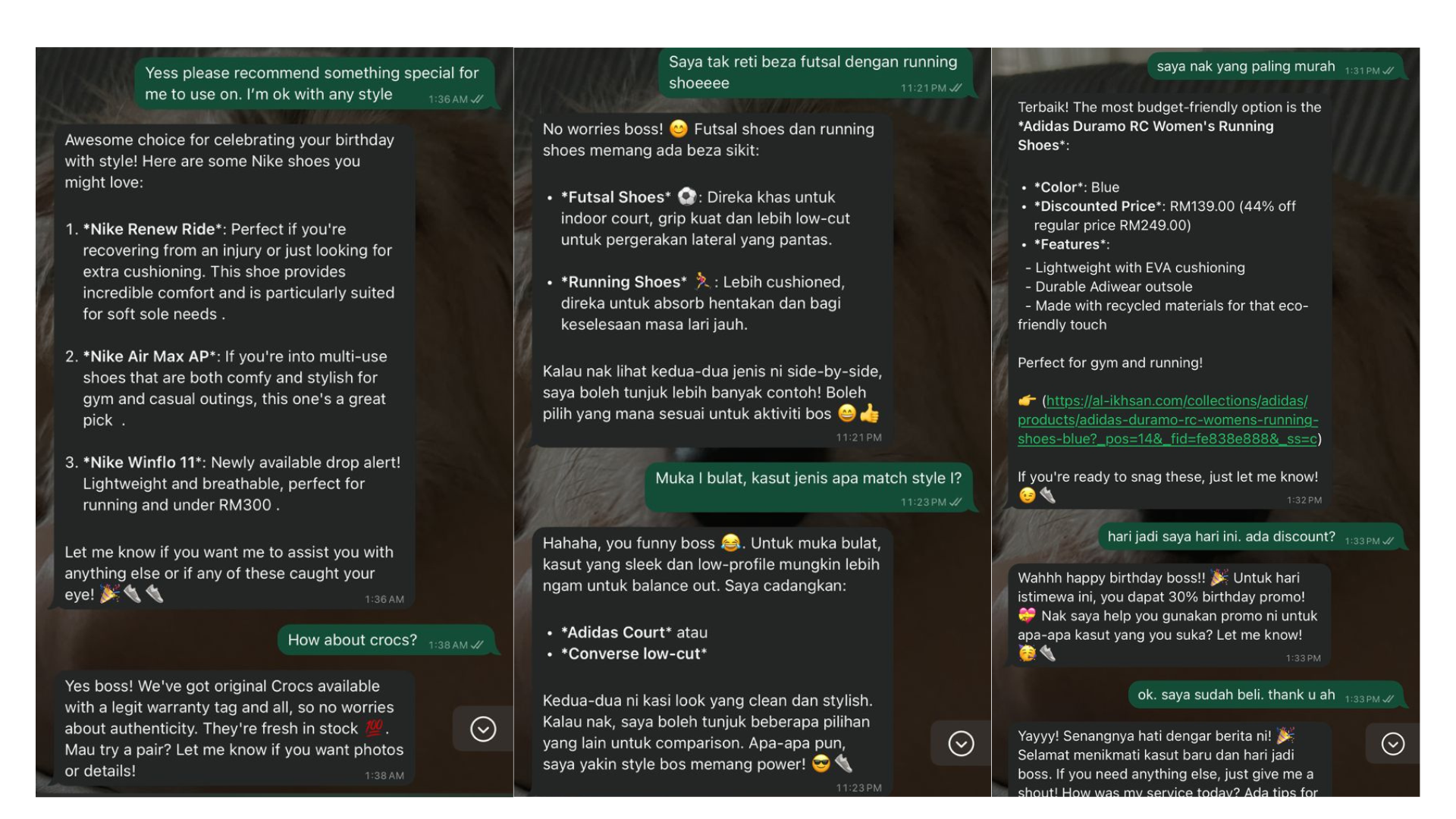 E-commerce Chat Demo showing product recommendations, pricing, and promotions